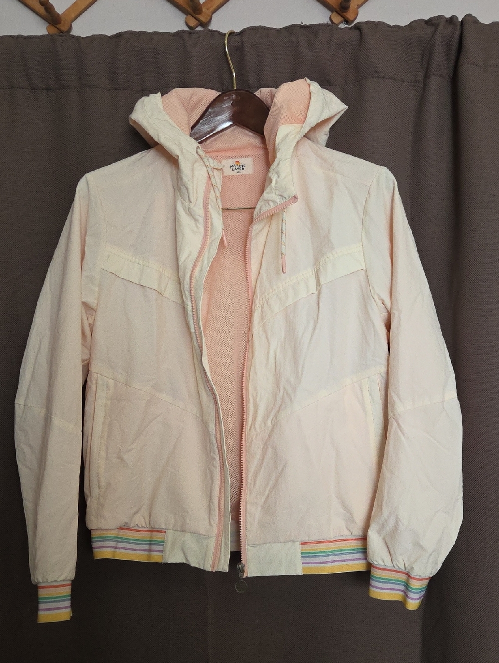 Marine Layer Light Pink Hooded Windbreaker with Rainbow Trim Large